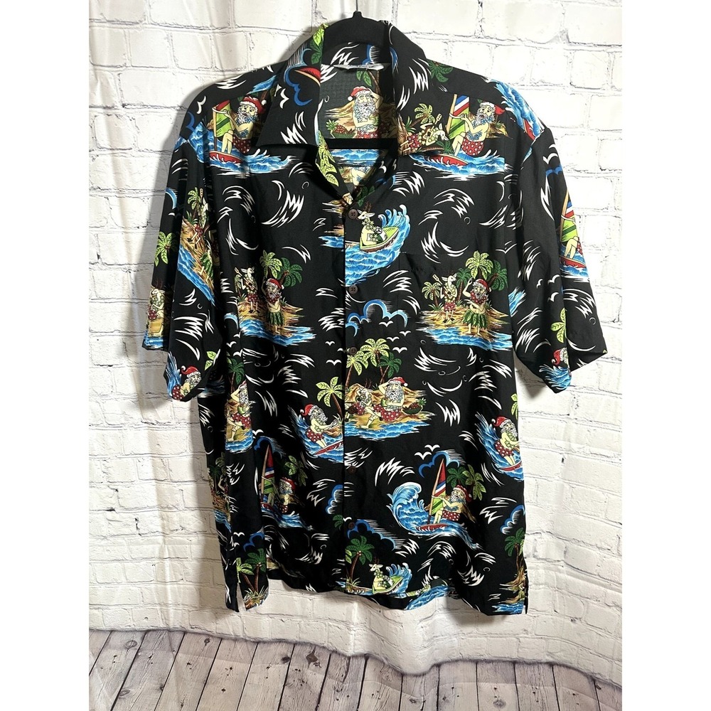Alvish Mens XL Christmas Hawaiian Shirt Santa Surfing Tropical Black Button Down